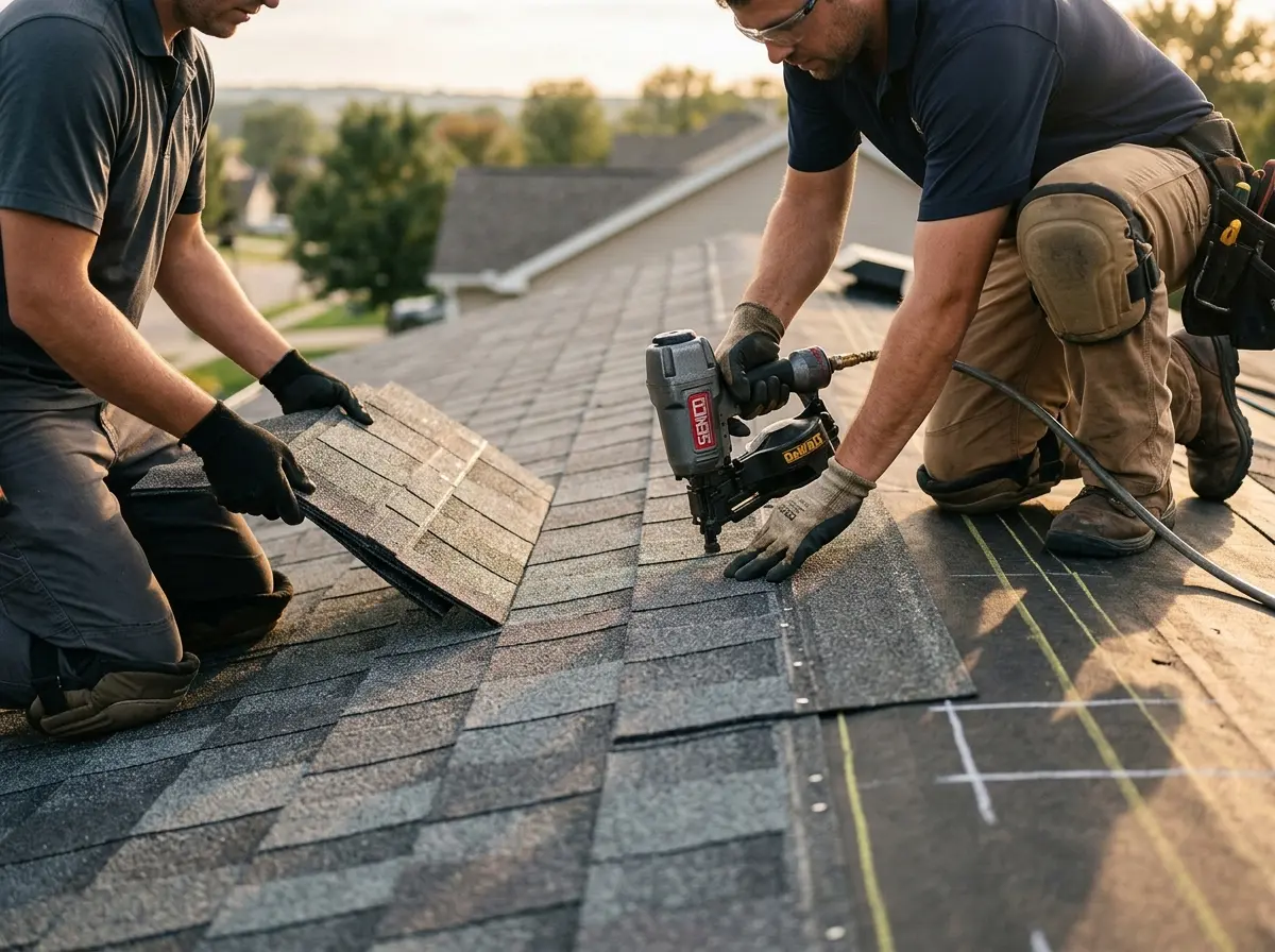 Professional roofer working on a residential roof in Moores Mill